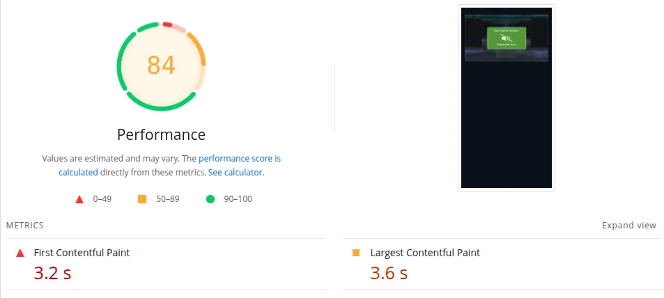 Teste Google PageSpeed de Outros Players com Score 84 e FCP 3.2s